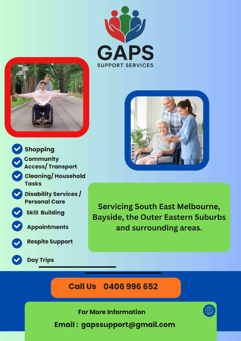 GAPS Support Services pamphlet with full logo, care photographs, services, service areas and contact information